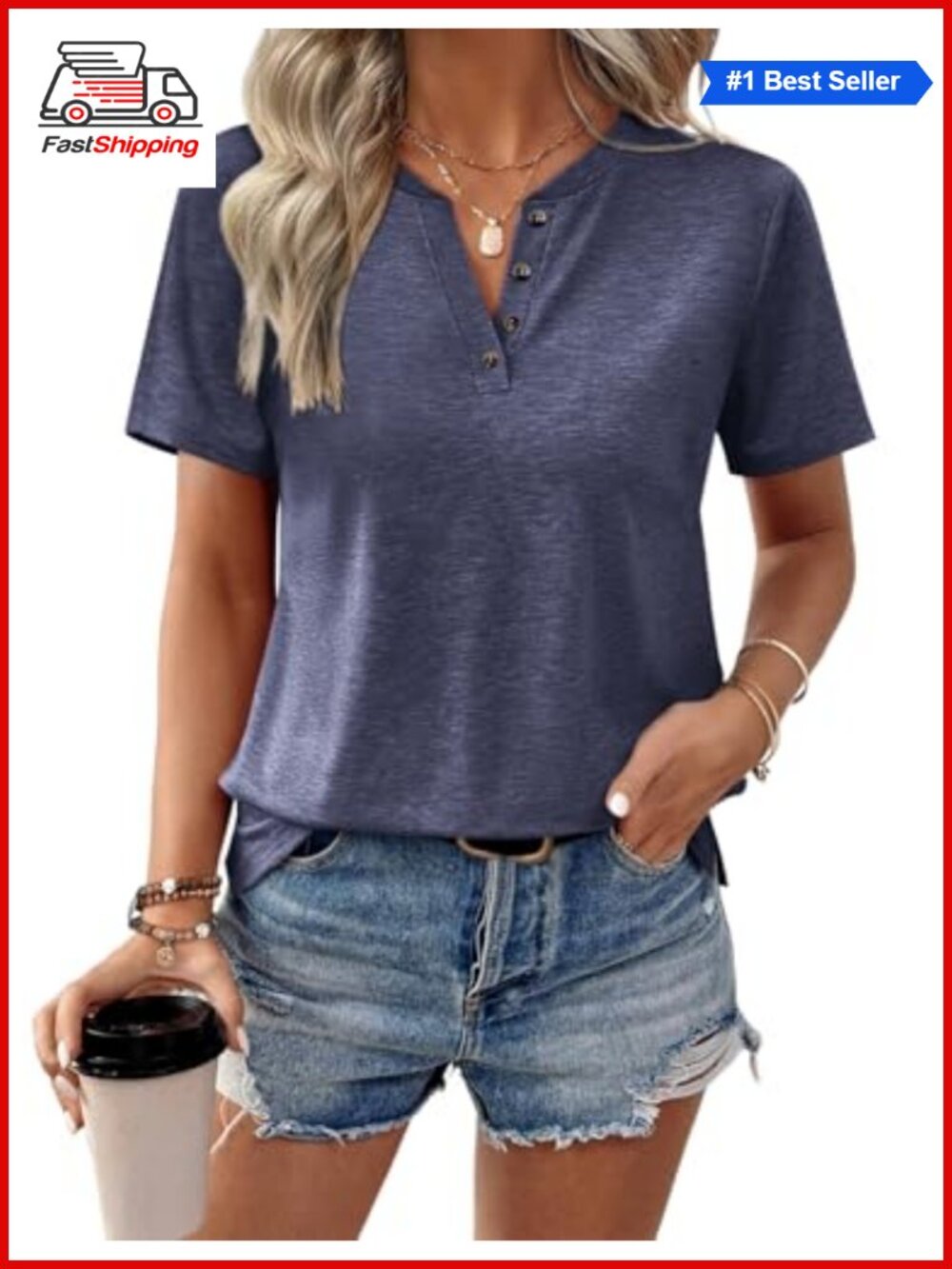 Women's V Neck Short Sleeve Tops Button Loose Summer T Shirt Cotton Blend